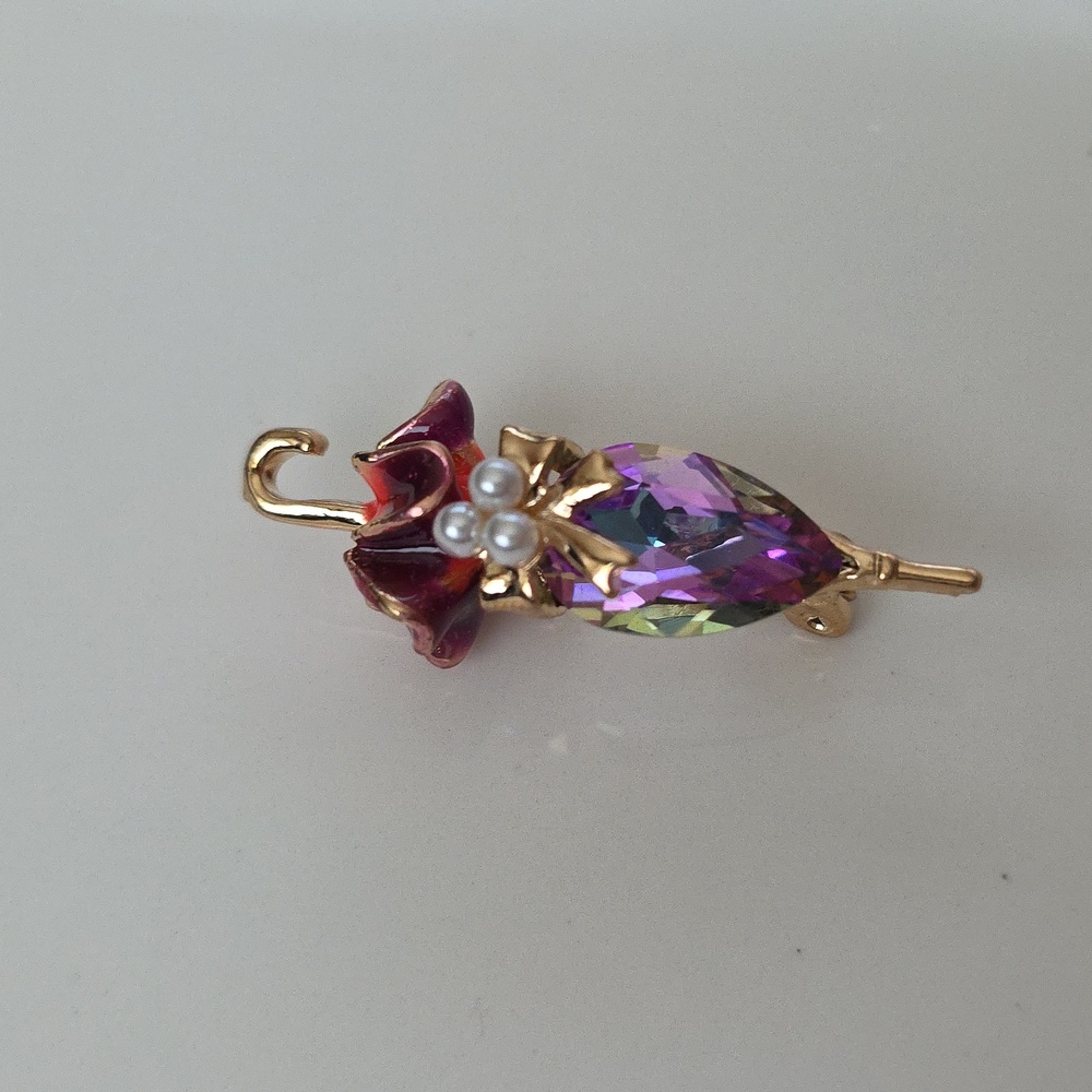 PARASOL Brooch Vintage LOOK irridescent Aurora Borealis Gem Simulated Pearls
